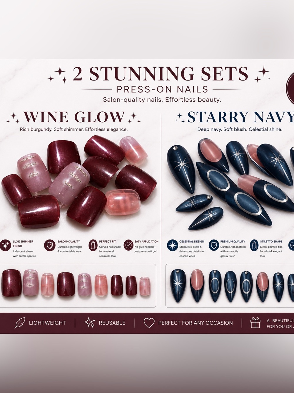 Set of 2 Hand Crafted Starry Navy Stiletto Press-On Nails - Navy & Blush
